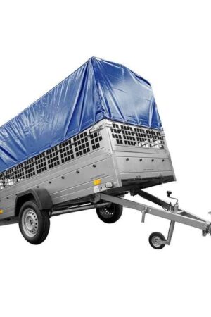 Grande remorque basculante Garden Trailer 264 KIPP avec roue jointe, glissières, châssis H-800 et bâche bleue