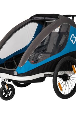Hamax Traveller Bike Trailer for 2 Kids, incl. drawbar and buggy wheel - petrol blue/grey